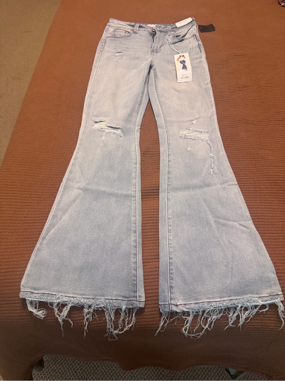 Light Blue High-Rise Flare Jeans with Frayed Hem
